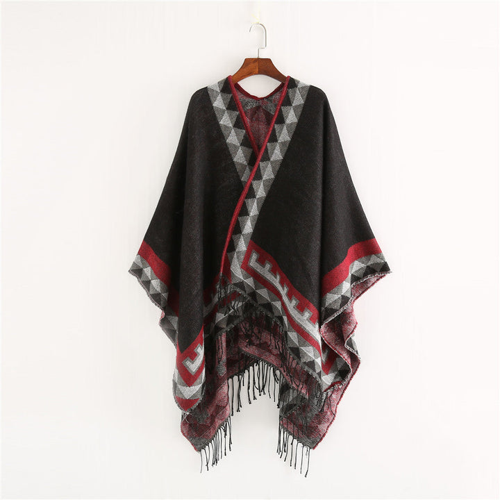 Dam Geometric ullblandning Wrap poncho med Fringes och kontrast Borders