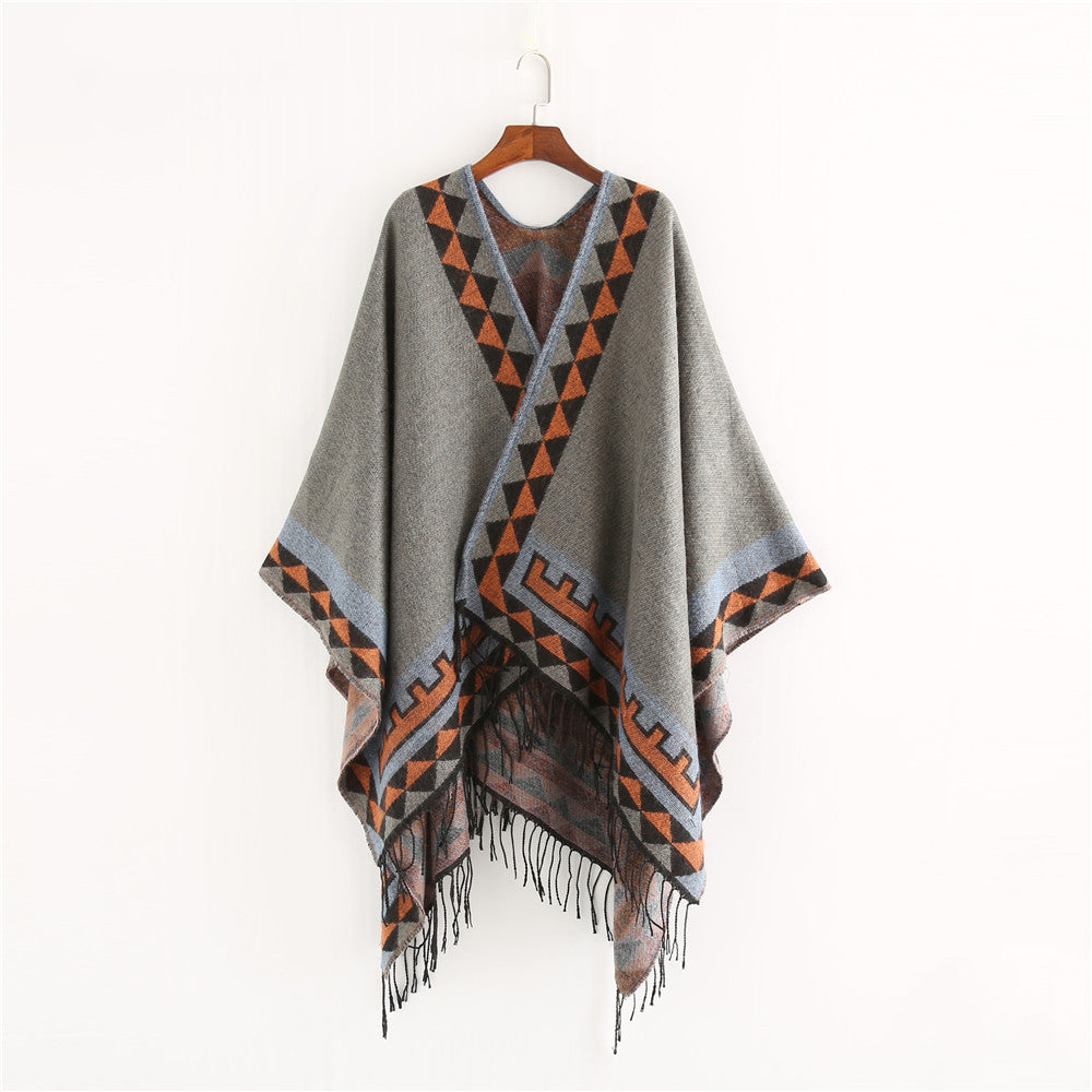 Dam Geometric ullblandning Wrap poncho med Fringes och kontrast Borders