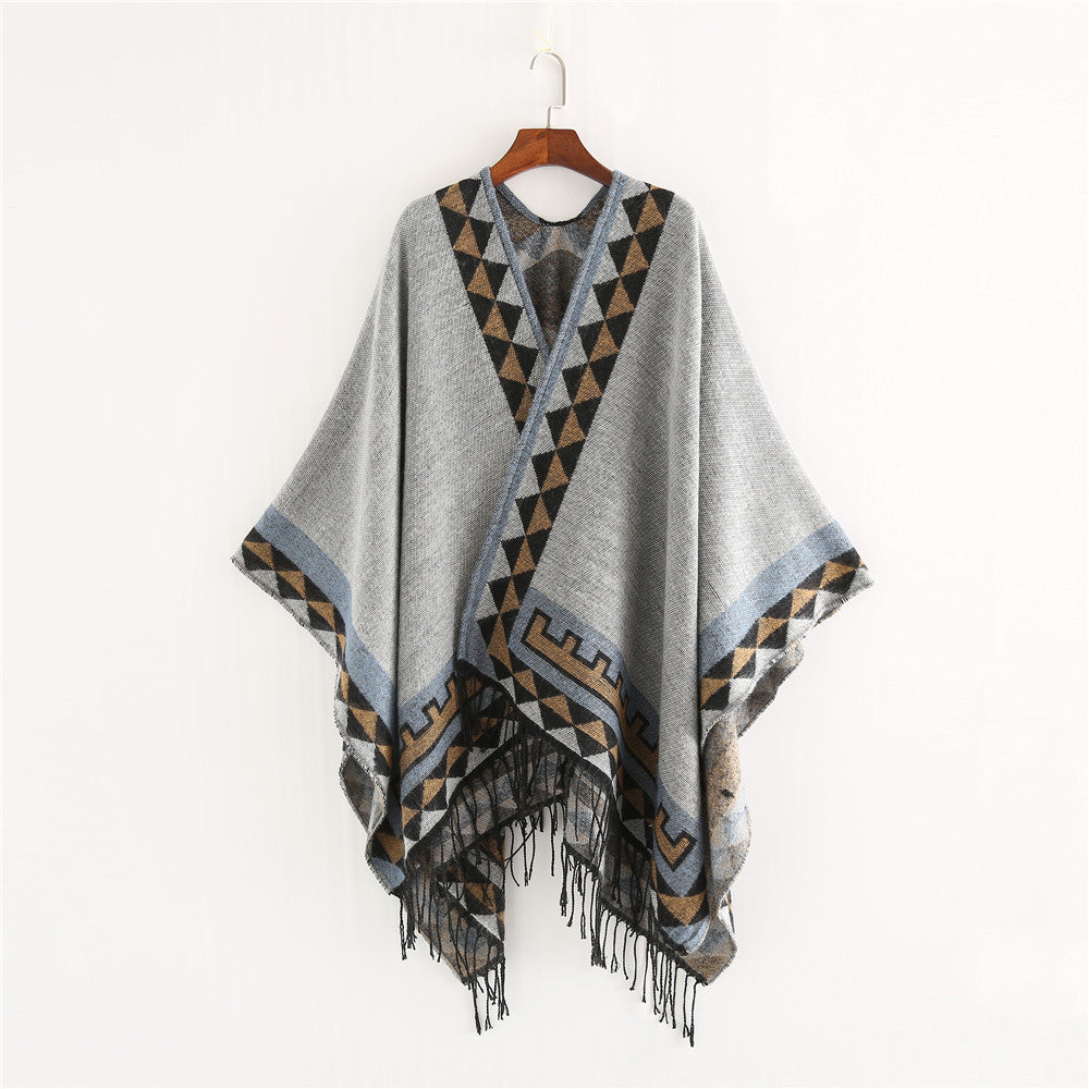 Dam Geometric ullblandning Wrap poncho med Fringes och kontrast Borders
