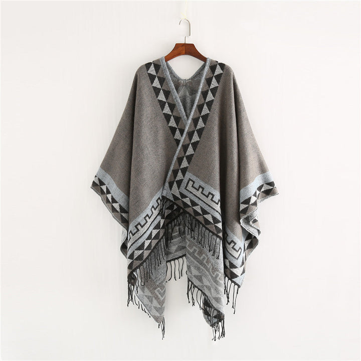 Dam Geometric ullblandning Wrap poncho med Fringes och kontrast Borders