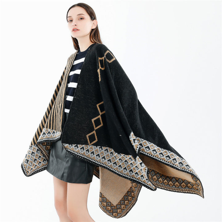 Dam Woven Oversize Ruana med Ethno Border och Stripe Structure