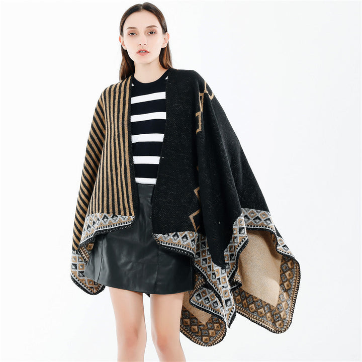 Dam Woven Oversize Ruana med Ethno Border och Stripe Structure
