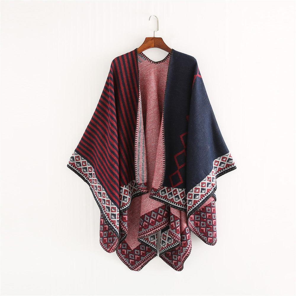 Dam Woven Oversize Ruana med Ethno Border och Stripe Structure