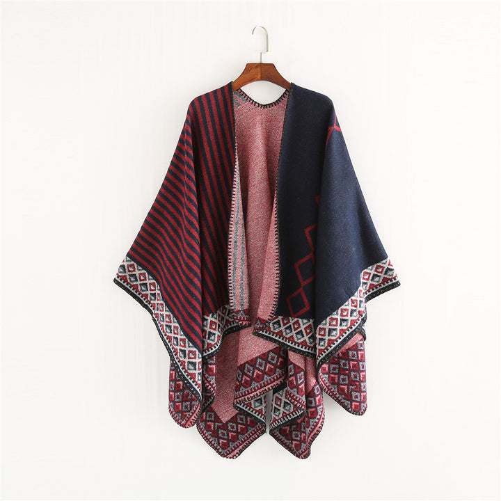 Dam Woven Oversize Ruana med Ethno Border och Stripe Structure