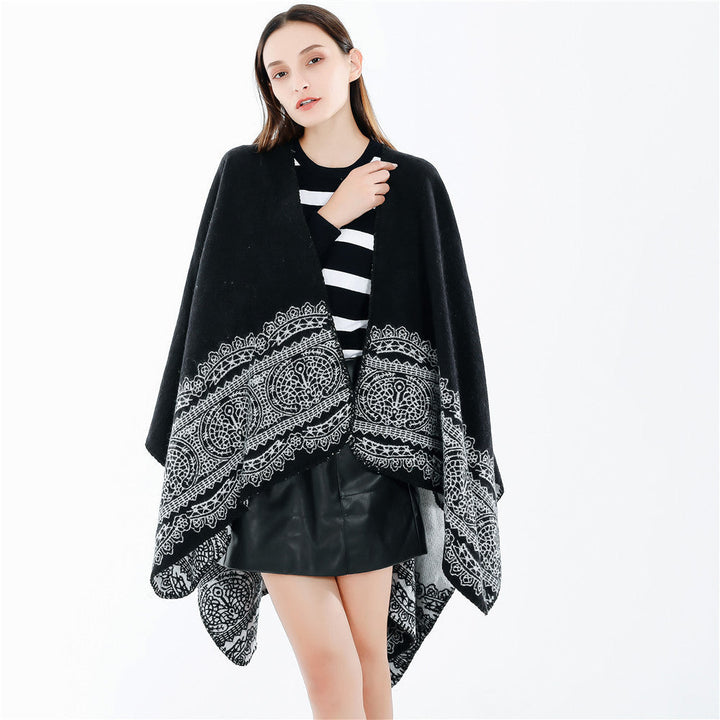 Dam Ornamental Mönstrad Ruana poncho med open kimono fall