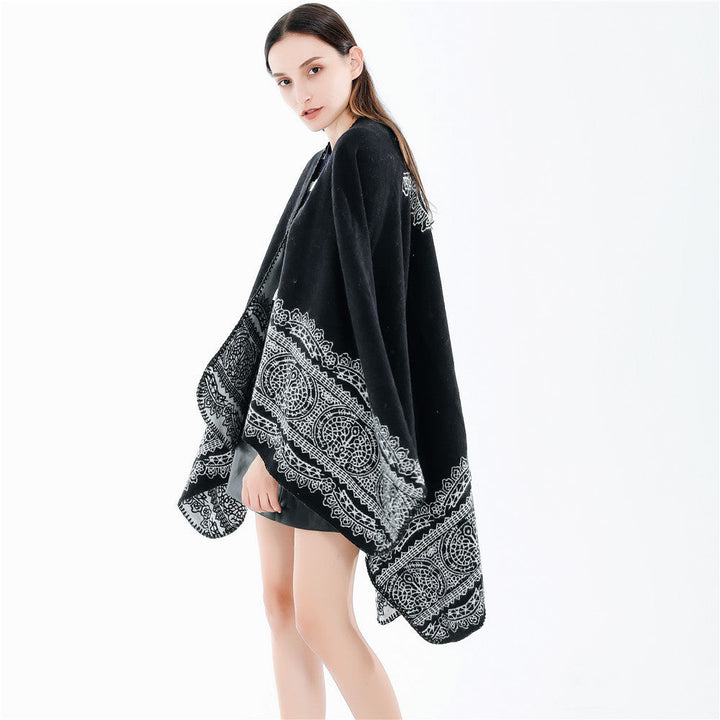 Dam Ornamental Mönstrad Ruana poncho med open kimono fall