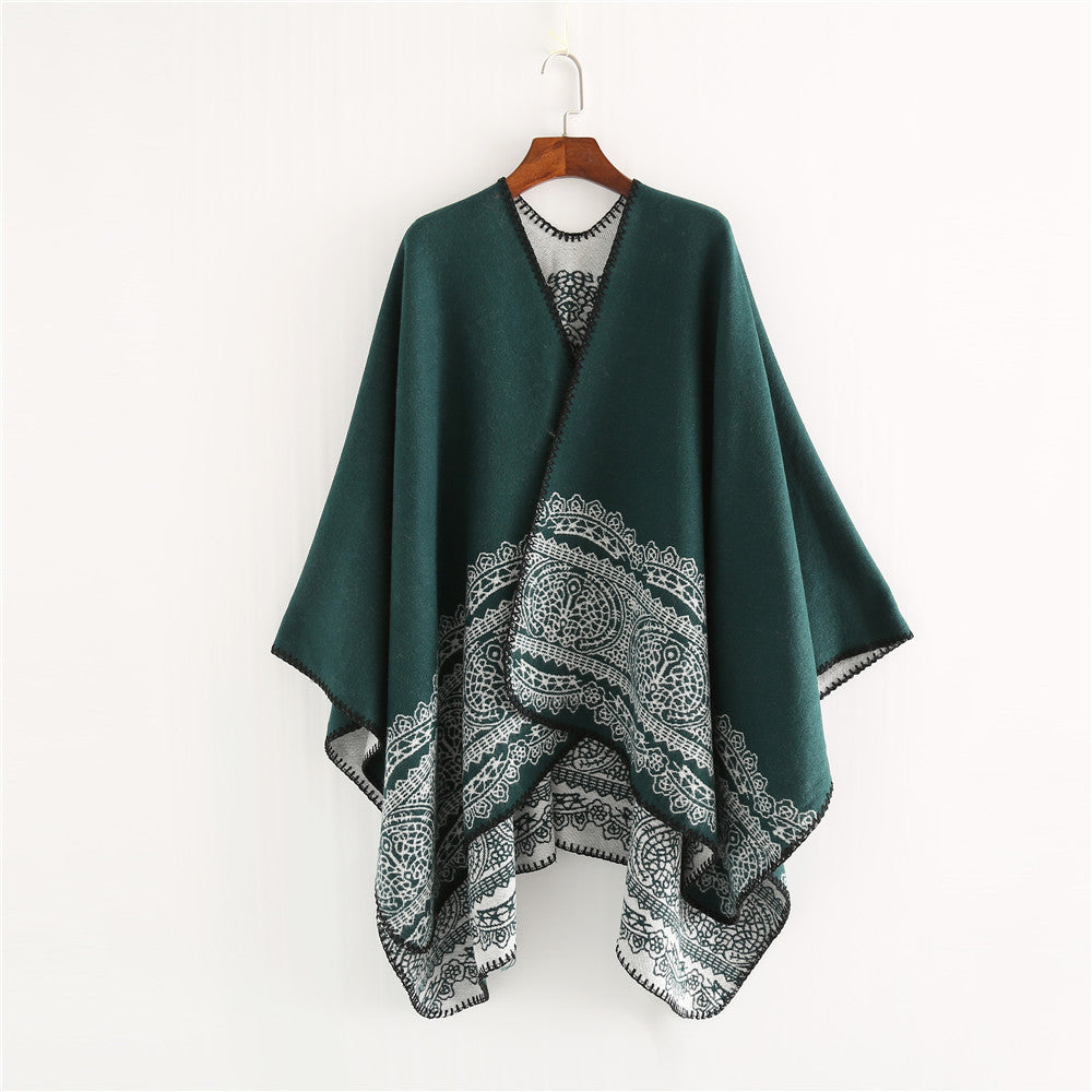 Dam Ornamental Mönstrad Ruana poncho med open kimono fall