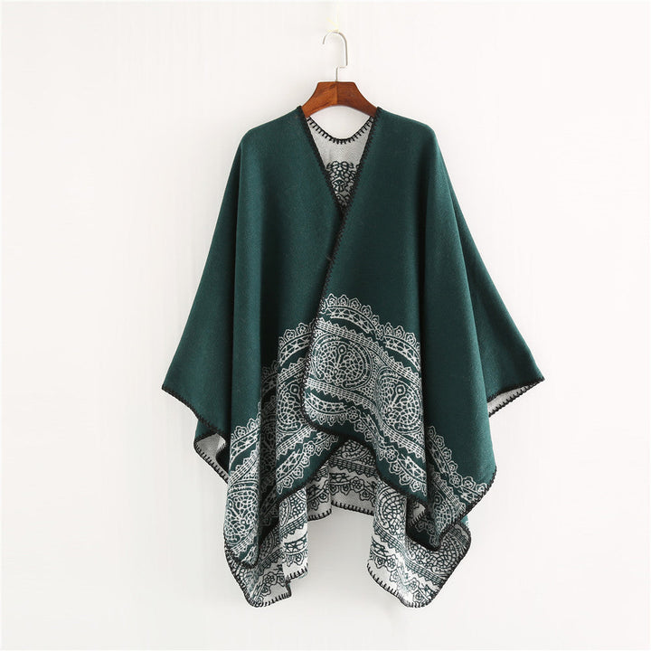 Dam Ornamental Mönstrad Ruana poncho med open kimono fall