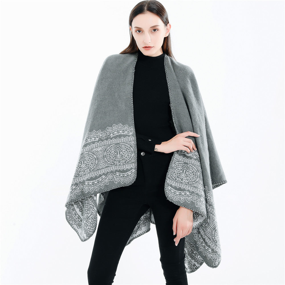 Dam Ornamental Mönstrad Ruana poncho med open kimono fall