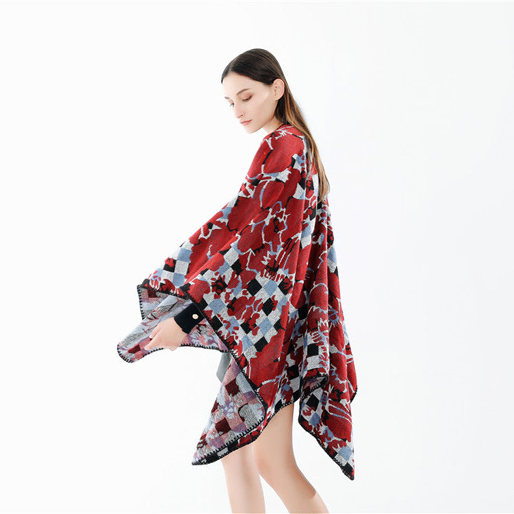 Dam oversized Ruana med V-Neck och Jacquard Check blommigt mönster