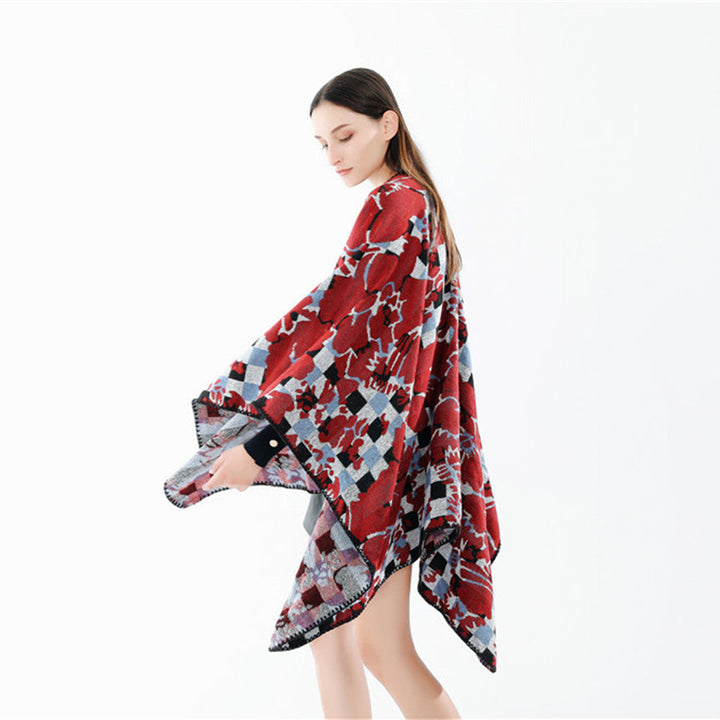Dam oversized Ruana med V-Neck och Jacquard Check blommigt mönster