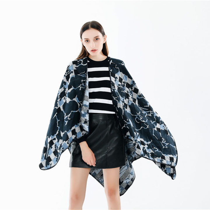 Dam oversized Ruana med V-Neck och Jacquard Check blommigt mönster