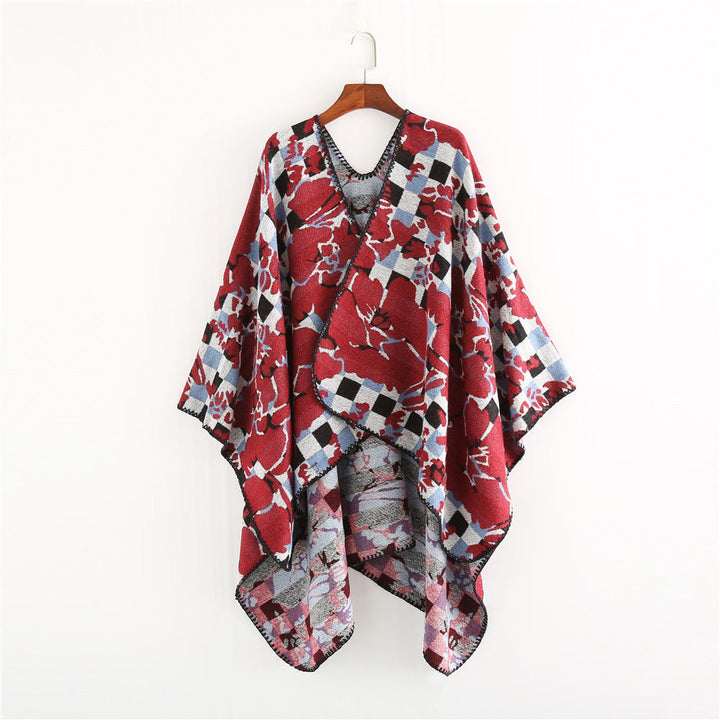Dam oversized Ruana med V-Neck och Jacquard Check blommigt mönster
