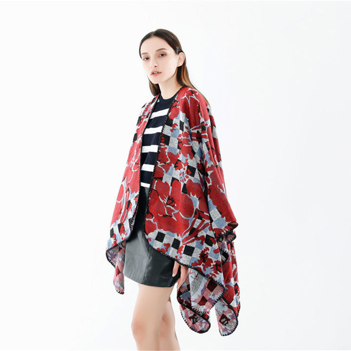 Dam oversized Ruana med V-Neck och Jacquard Check blommigt mönster