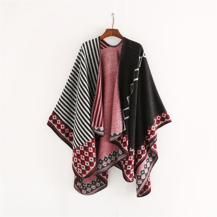 Dam Woven Oversize Ruana med Ethno Border och Stripe Structure