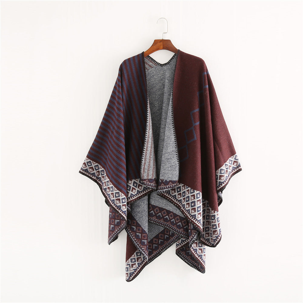Dam Woven Oversize Ruana med Ethno Border och Stripe Structure