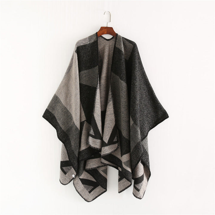 Dam Boxy ullblandning Ruana med Geometric Patch Jacquard och Decorative Stitching