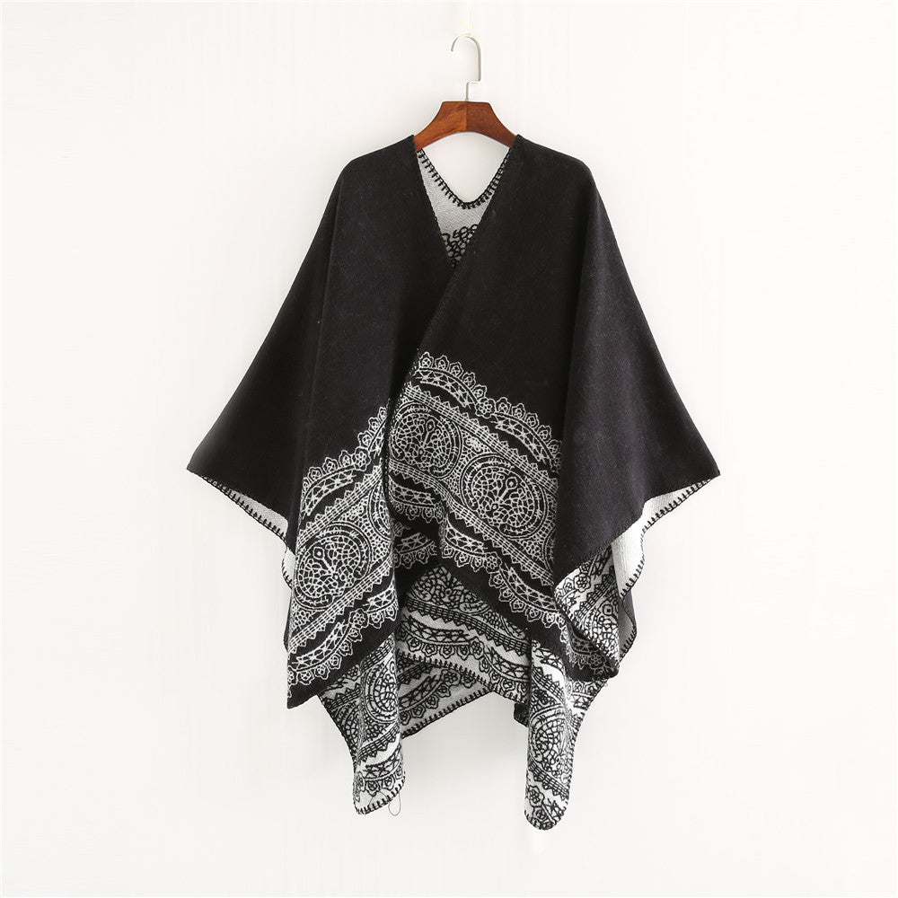 Dam Ornamental Mönstrad Ruana poncho med open kimono fall