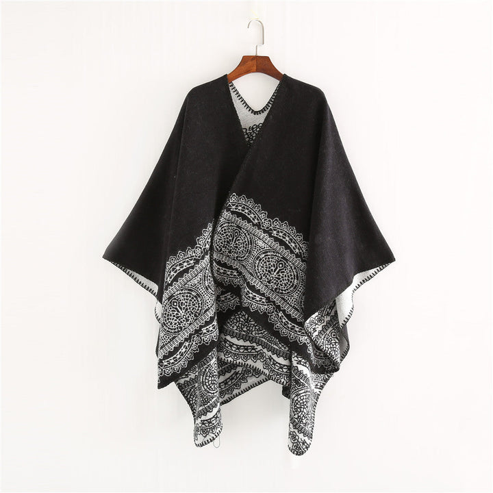 Dam Ornamental Mönstrad Ruana poncho med open kimono fall