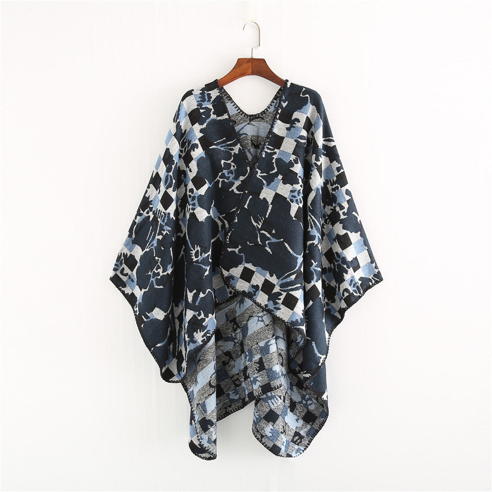 Dam oversized Ruana med V-Neck och Jacquard Check blommigt mönster