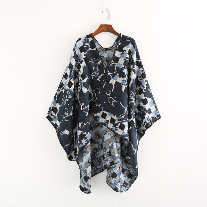 Dam oversized Ruana med V-Neck och Jacquard Check blommigt mönster