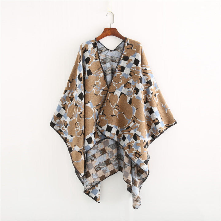 Dam oversized Ruana med V-Neck och Jacquard Check blommigt mönster