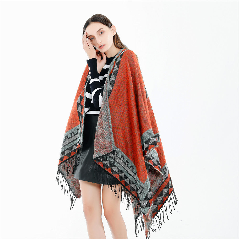 Dam Geometric ullblandning Wrap poncho med Fringes och kontrast Borders