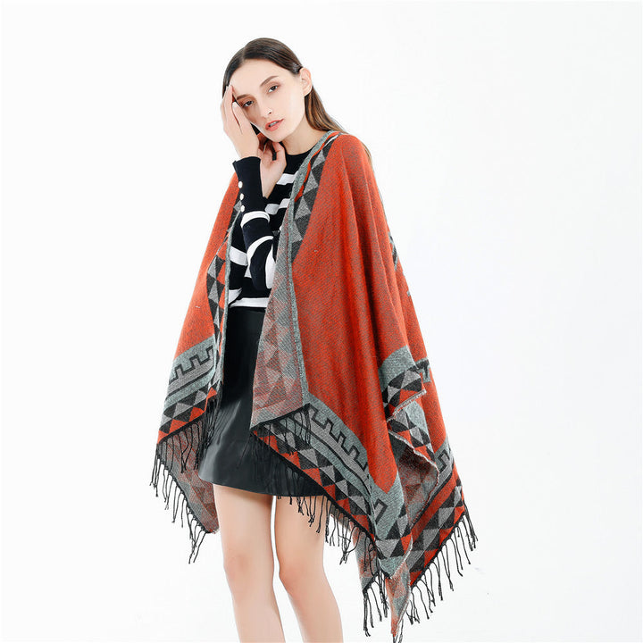 Dam Geometric ullblandning Wrap poncho med Fringes och kontrast Borders