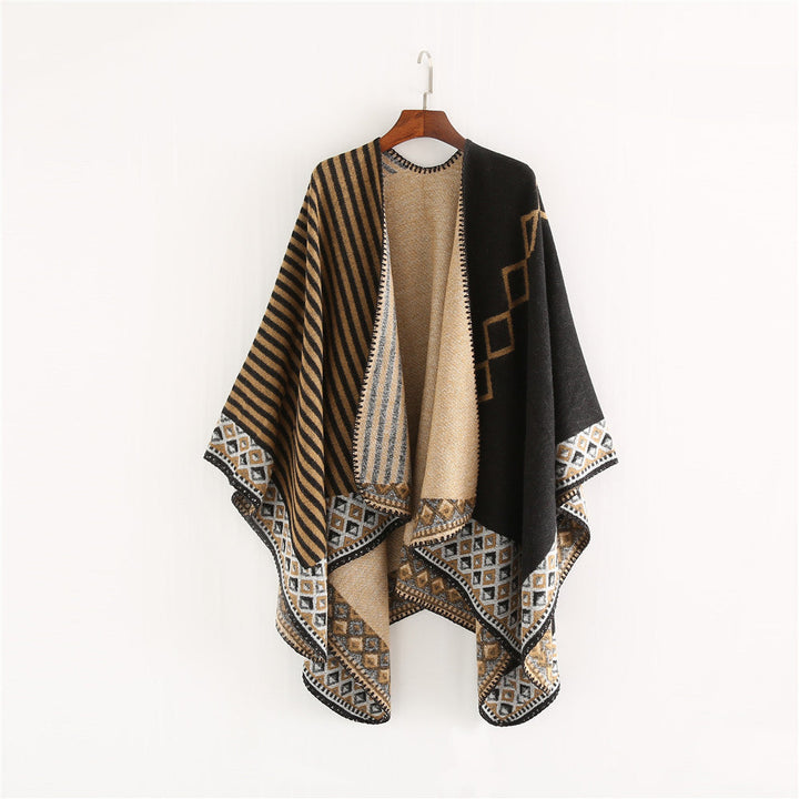 Dam Woven Oversize Ruana med Ethno Border och Stripe Structure