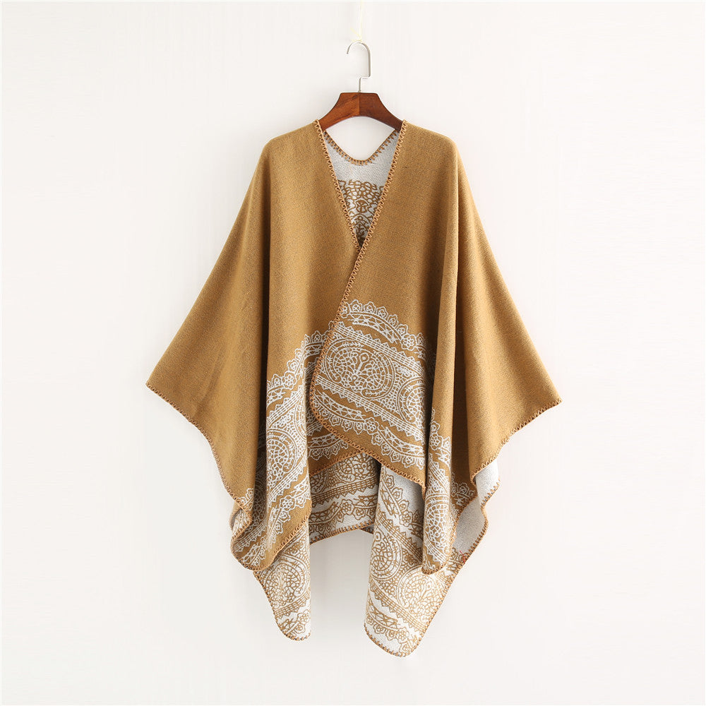 Dam Ornamental Mönstrad Ruana poncho med open kimono fall