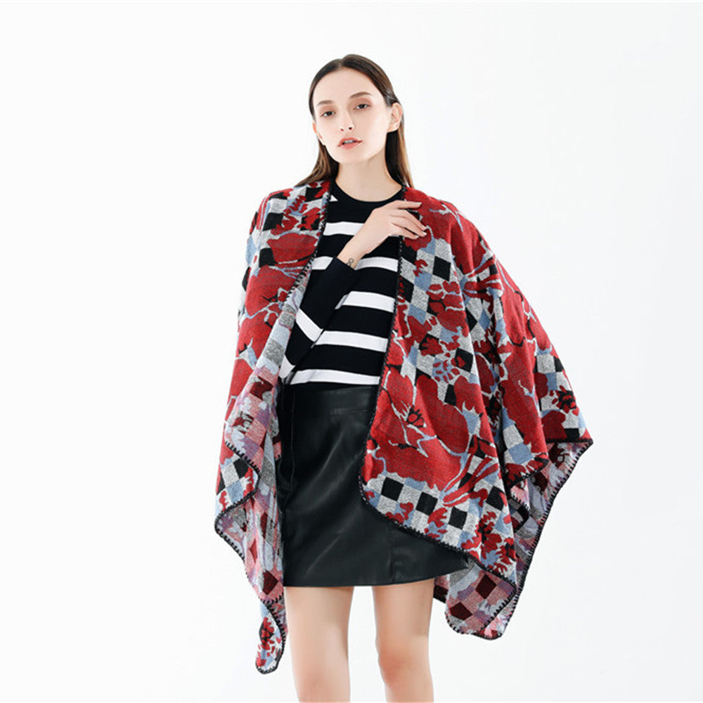 Dam oversized Ruana med V-Neck och Jacquard Check blommigt mönster