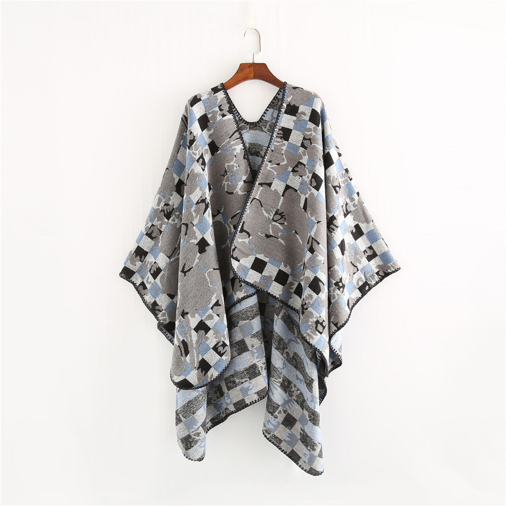 Dam oversized Ruana med V-Neck och Jacquard Check blommigt mönster