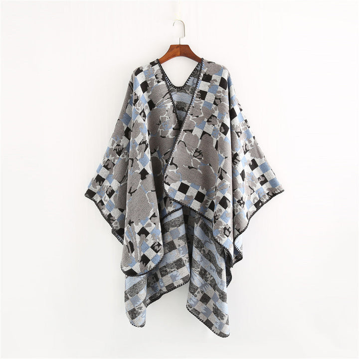 Dam oversized Ruana med V-Neck och Jacquard Check blommigt mönster