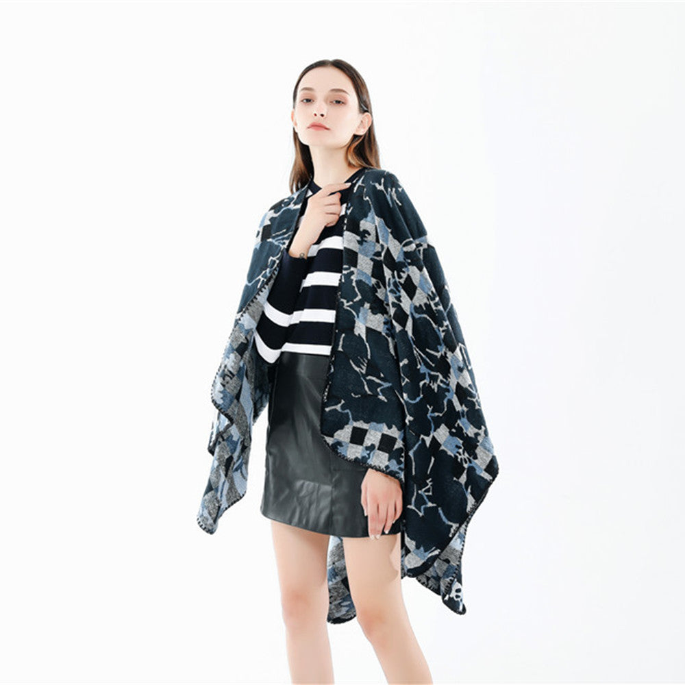 Dam oversized Ruana med V-Neck och Jacquard Check blommigt mönster