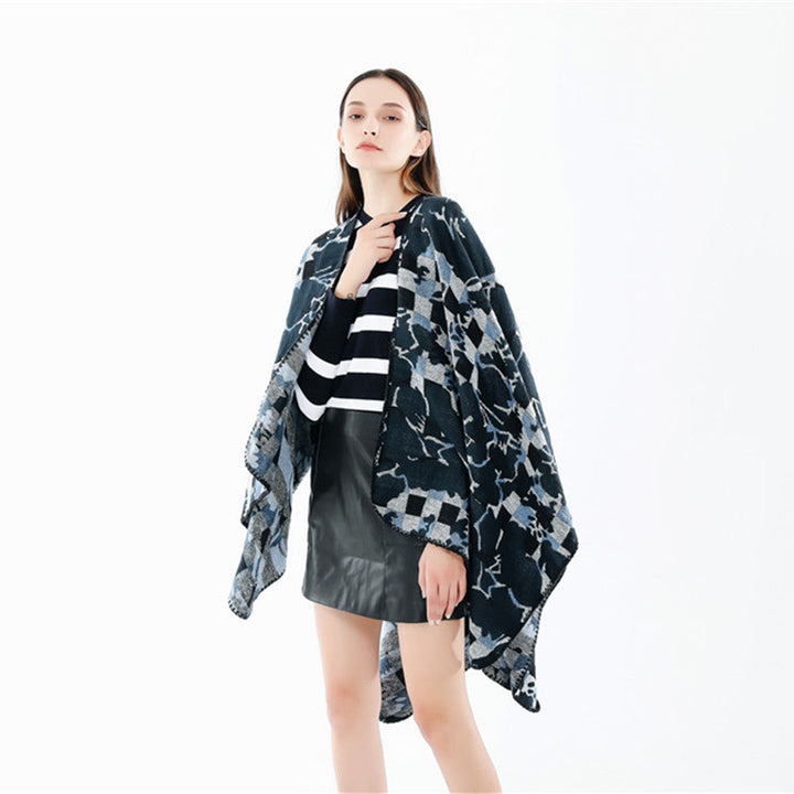 Dam oversized Ruana med V-Neck och Jacquard Check blommigt mönster