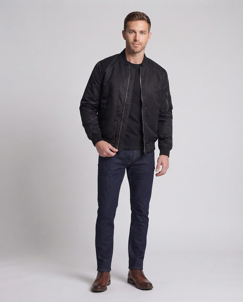 Herr teknisk nylon flight bomber med vadderad invändig, ärm ficka och elastisk ribbade muddar