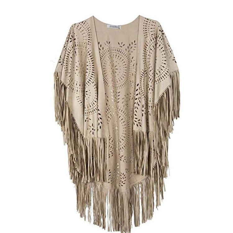 Dam Fringe poncho tillverkad av mocka Imitation med Laser skärning Mandala design