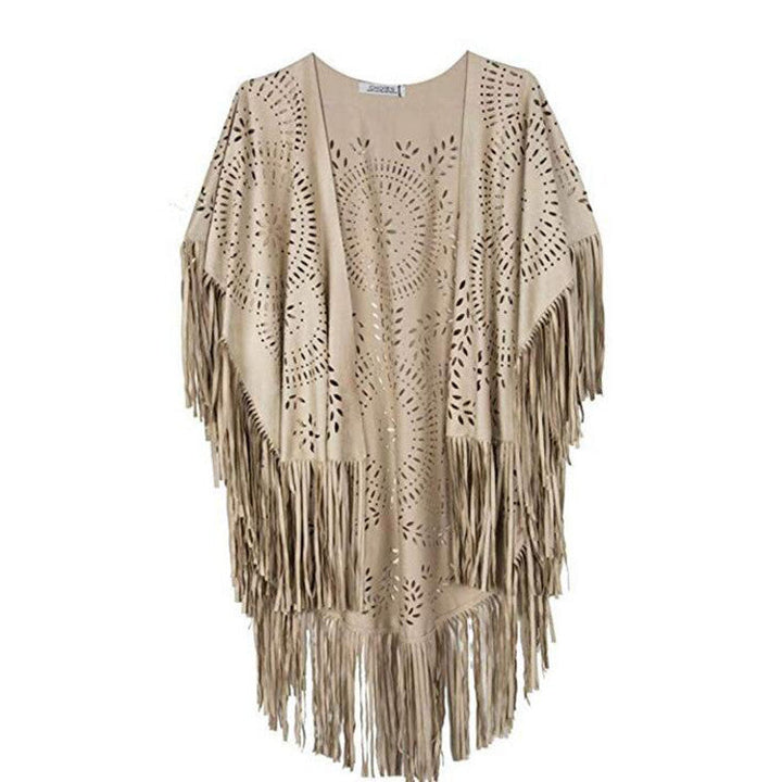 Dam Fringe poncho tillverkad av mocka Imitation med Laser skärning Mandala design