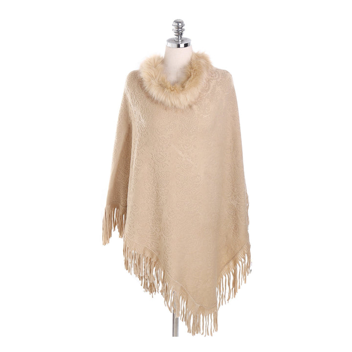 Dam poncho-Ruana med fuskpälskrage, structured jacquard och fransfåll