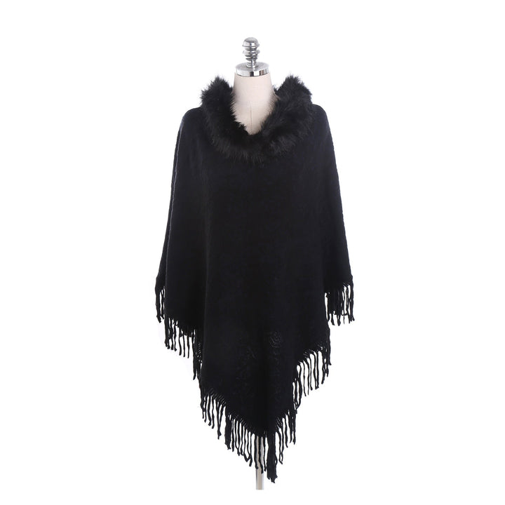 Dam poncho-Ruana med fuskpälskrage, structured jacquard och fransfåll