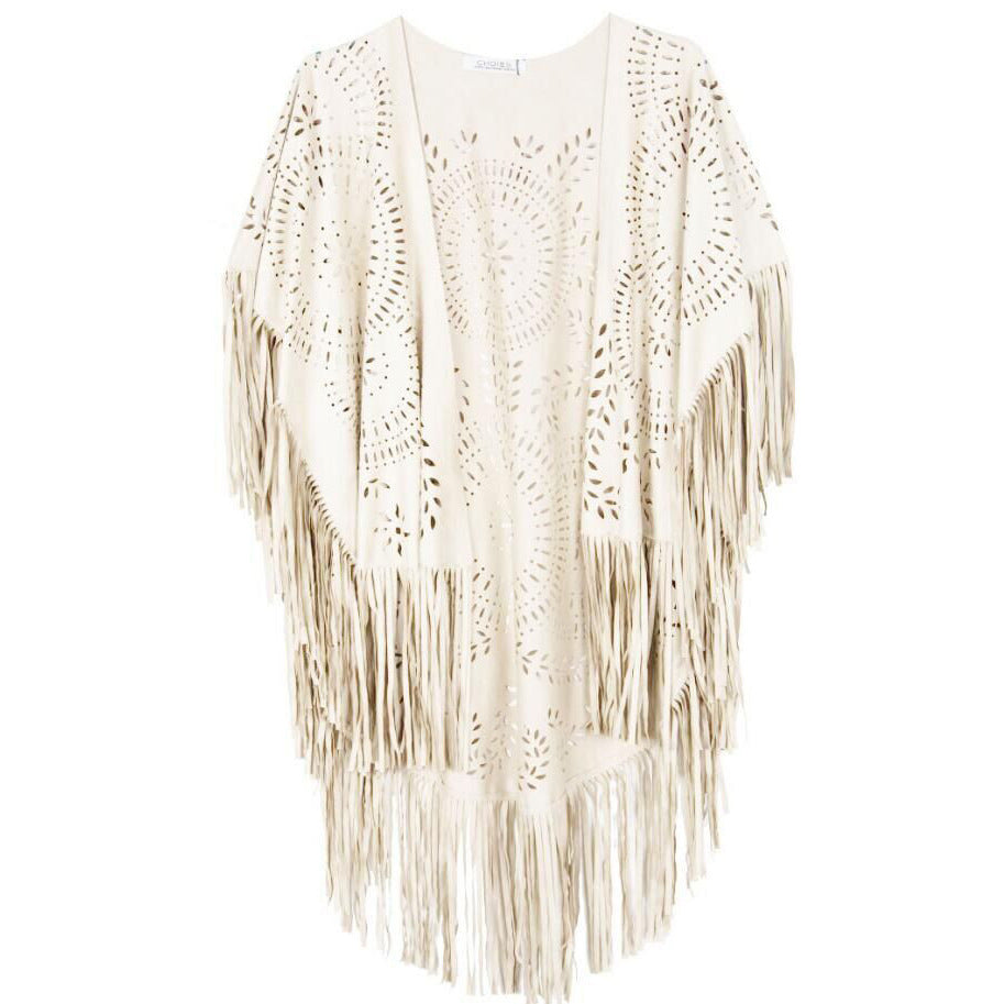 Dam Fringe poncho tillverkad av mocka Imitation med Laser skärning Mandala design