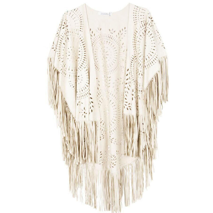 Dam Fringe poncho tillverkad av mocka Imitation med Laser skärning Mandala design