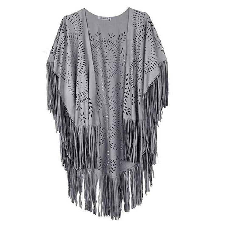 Dam Fringe poncho tillverkad av mocka Imitation med Laser skärning Mandala design
