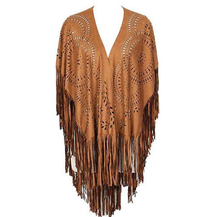 Dam Fringe poncho tillverkad av mocka Imitation med Laser skärning Mandala design
