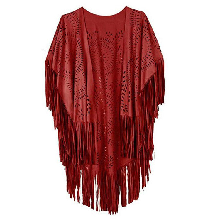 Dam Fringe poncho tillverkad av mocka Imitation med Laser skärning Mandala design