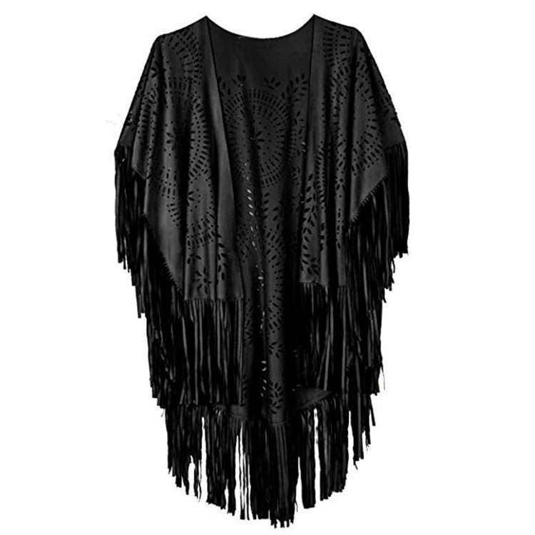Dam Fringe poncho tillverkad av mocka Imitation med Laser skärning Mandala design