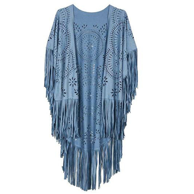Dam Fringe poncho tillverkad av mocka Imitation med Laser skärning Mandala design