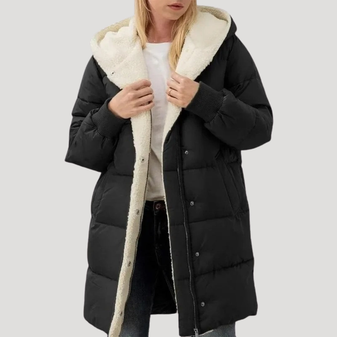 | Dam Lång Puffer Kappa – vinterjacka Lined med Fusk Päls
