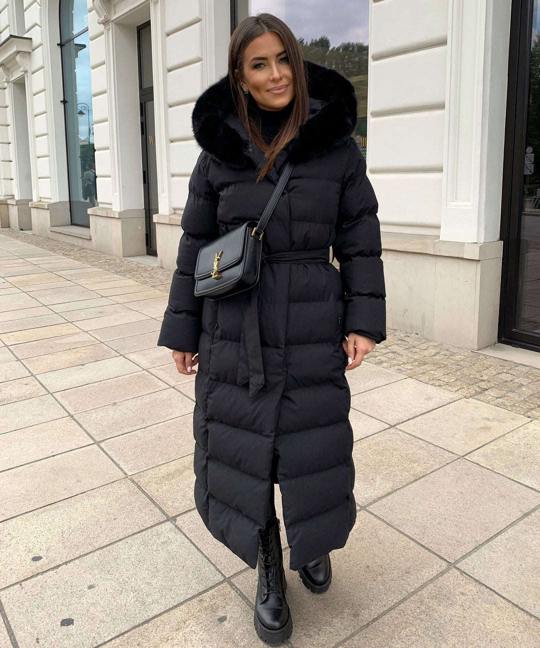 Dam Lång Quiltad Vinter Parka med Huva och Bälte