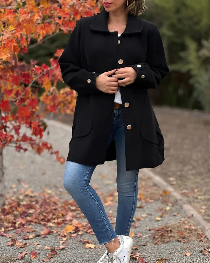 | Dam oversize Jacka med Large Fickor och Knapp Detaljer